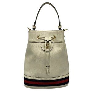 Auth GUCCI Offidia Small Bucket Bag Cream Navy Red Leather - Handbag
